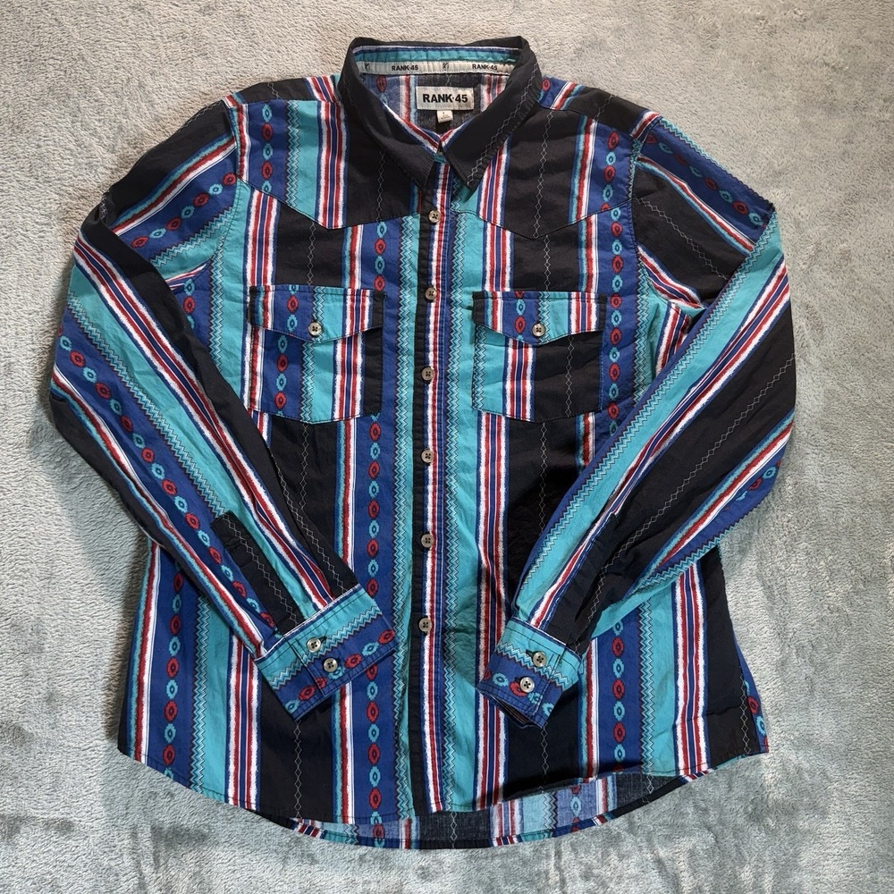 Rank 45 Western Shirt Mens Large Multicolor Aztec Stripe Long Sleeve Button